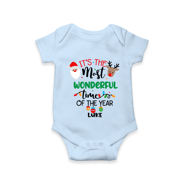 "ItÕs The Most Wonderful Time Of The Year " - Christmas Themed Kids Romper With Customized name - BABY BLUE - 0 - 3 Months Old (Chest 16")