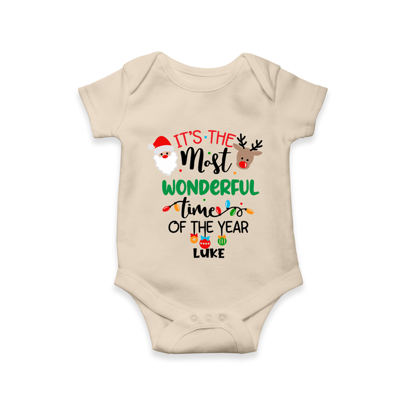 "ItÕs The Most Wonderful Time Of The Year " - Christmas Themed Kids Romper With Customized name - IVORY - 0 - 3 Months Old (Chest 16")