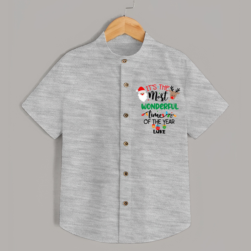 "ItÕs The Most Wonderful Time Of The Year " - Christmas Themed Kids Shirt With Customized name - GREY MELANGE - 0 - 6 Months Old (Chest 23")