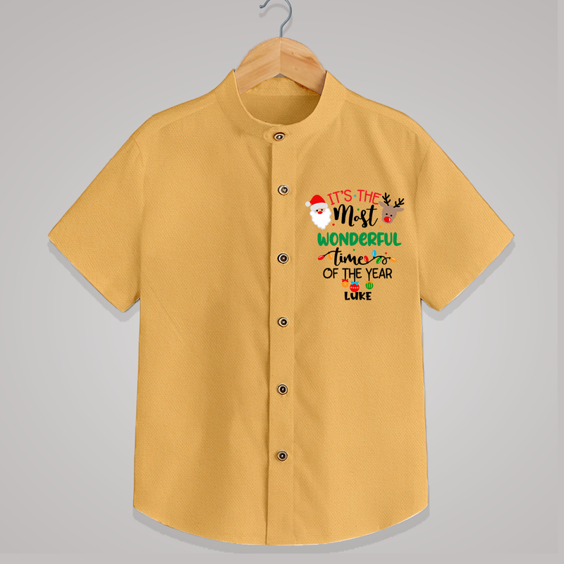 "ItÕs The Most Wonderful Time Of The Year " - Christmas Themed Kids Shirt With Customized name - PASTEL YELLOW - 0 - 6 Months Old (Chest 23")