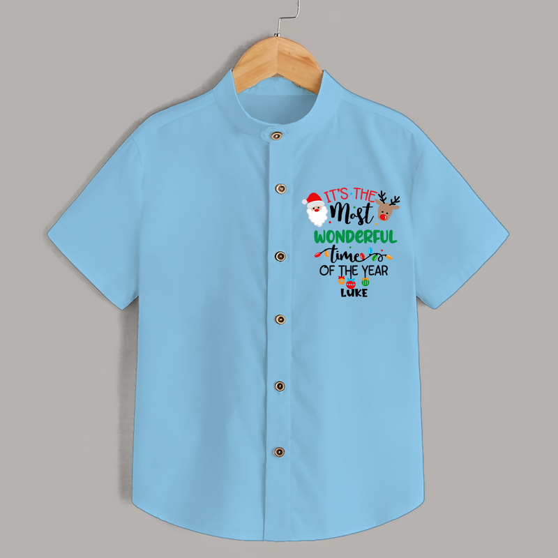 "ItÕs The Most Wonderful Time Of The Year " - Christmas Themed Kids Shirt With Customized name - SKY BLUE - 0 - 6 Months Old (Chest 23")