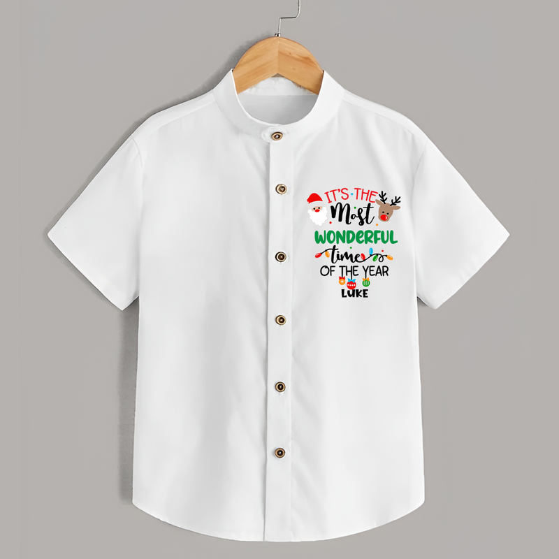 "ItÕs The Most Wonderful Time Of The Year " - Christmas Themed Kids Shirt With Customized name - WHITE - 0 - 6 Months Old (Chest 23")