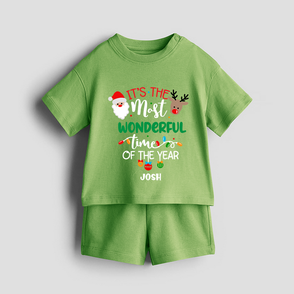 "ItÕs The Most Wonderful Time Of The Year " - Christmas Themed Kids Co-ord Set With Customized name - KIWI GREEN - 0-5 months old  (Chest 18")