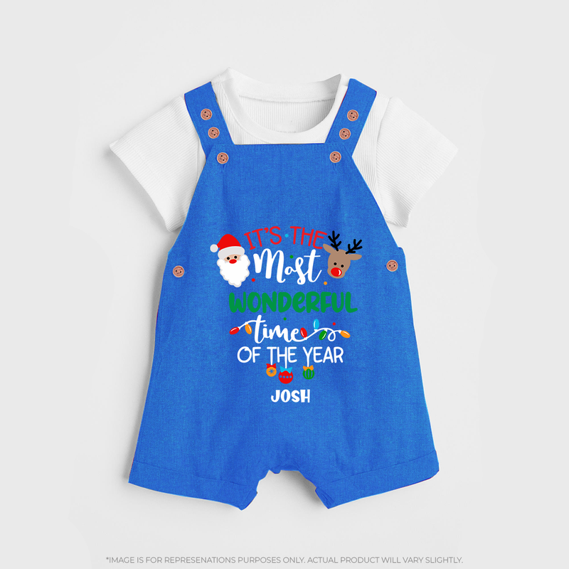 "ItÕs The Most Wonderful Time Of The Year " - Christmas Themed Kids Dungaree Set With Customized name - COBALT BLUE - 0 - 5 Months Old (Chest 18")