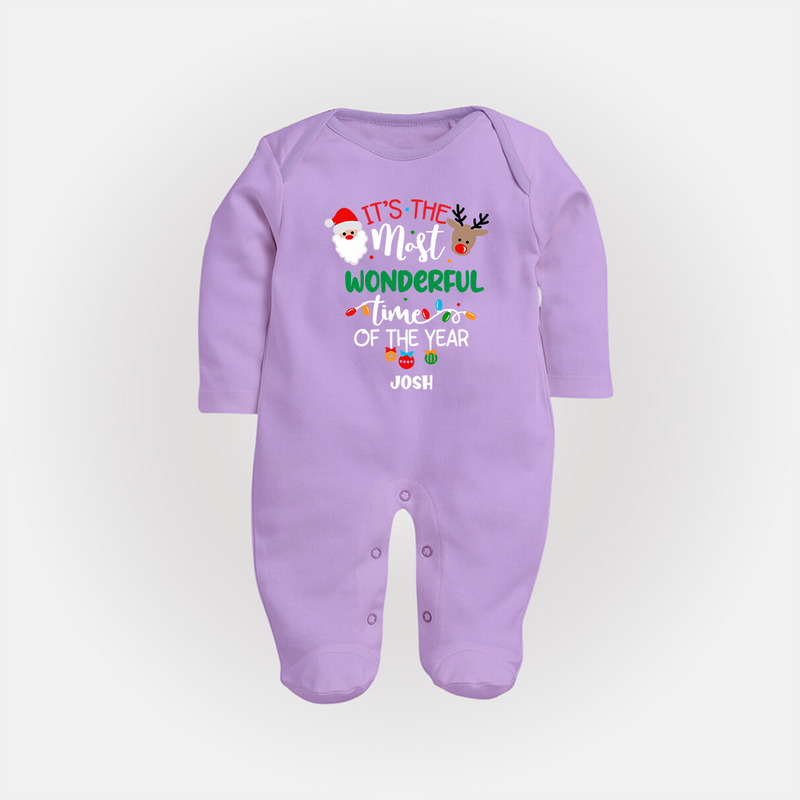 "ItÕs The Most Wonderful Time Of The Year " - Christmas Themed Baby Sleep Suit With Customized name - LILAC - New Born (Chest 7.5")