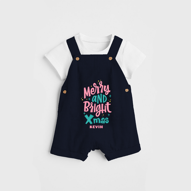 "Merry And Bright Xmas" - Christmas Themed Kids Dungaree Set With Customized name - NAVY BLUE - 0 - 5 Months Old (Chest 18")