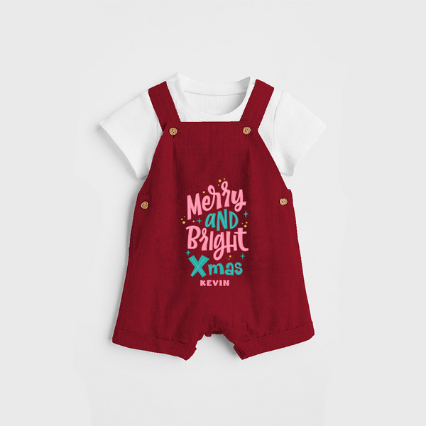 "Merry And Bright Xmas" - Christmas Themed Kids Dungaree Set With Customized name - RED - 0 - 5 Months Old (Chest 18")