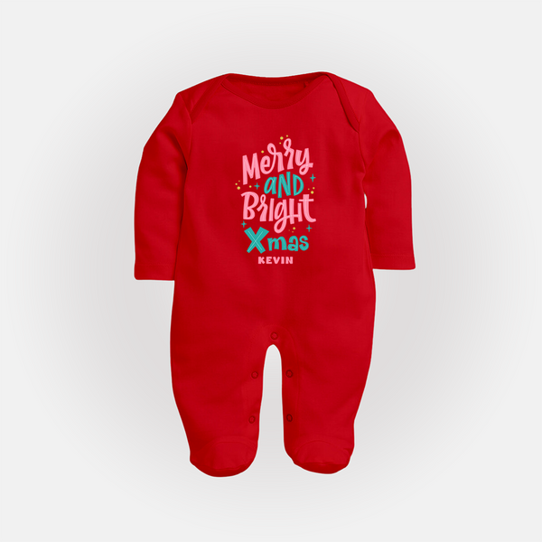 "Merry And Bright Xmas" - Christmas Themed Baby Sleep Suit With Customized name - RED - New Born (Chest 7.5")