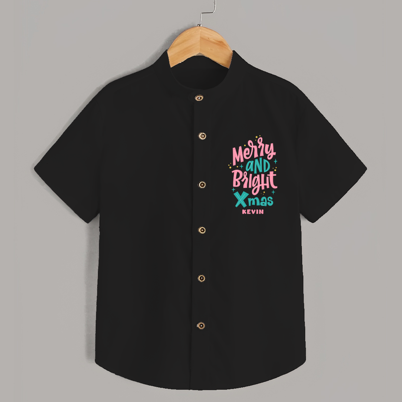 "Merry And Bright Xmas" - Christmas Themed Kids Shirt With Customized name - BLACK - 0 - 6 Months Old (Chest 23")