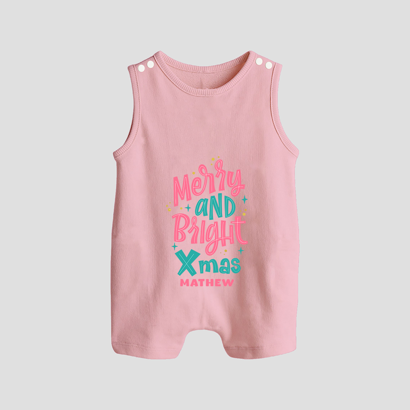 "Merry And Bright Xmas" - Christmas Themed Button Romper With Customized name - BABY PINK - 0 - 5 Months Old (Chest 18")