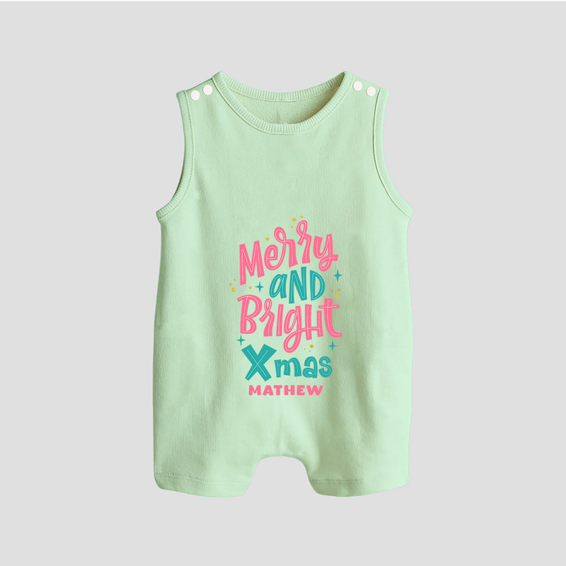 "Merry And Bright Xmas" - Christmas Themed Button Romper With Customized name - MINT GREEN - 0 - 5 Months Old (Chest 18")