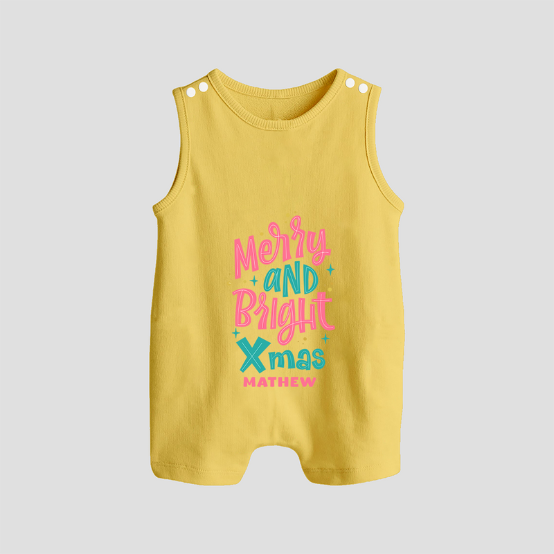 "Merry And Bright Xmas" - Christmas Themed Button Romper With Customized name - PASTEL YELLOW - 0 - 5 Months Old (Chest 18")