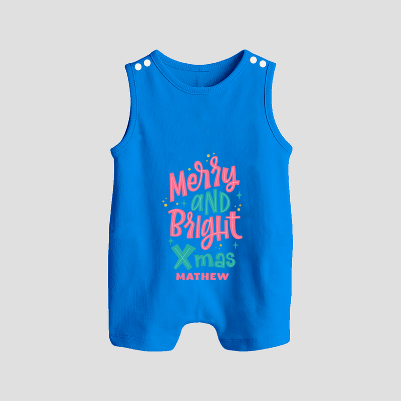 "Merry And Bright Xmas" - Christmas Themed Button Romper With Customized name - ROYAL BLUE - 0 - 5 Months Old (Chest 18")