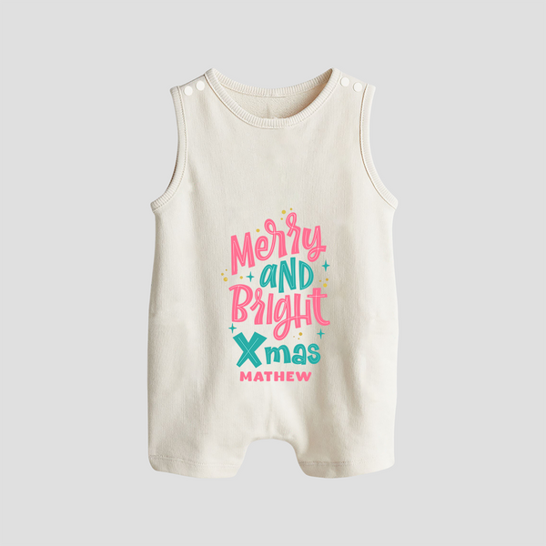 "Merry And Bright Xmas" - Christmas Themed Button Romper With Customized name - WHITE - 0 - 5 Months Old (Chest 18")