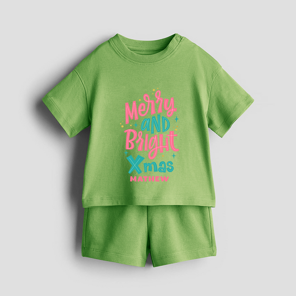 "Merry And Bright Xmas" - Christmas Themed Kids Co-ord Set With Customized name - KIWI GREEN - 0-5 months old  (Chest 18")