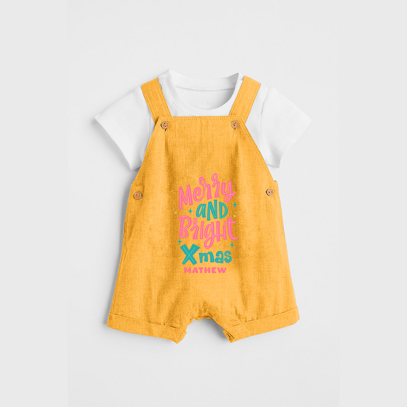 "Merry And Bright Xmas" - Christmas Themed Kids Dungaree Set With Customized name - PASTEL YELLOW - 0 - 5 Months Old (Chest 18")