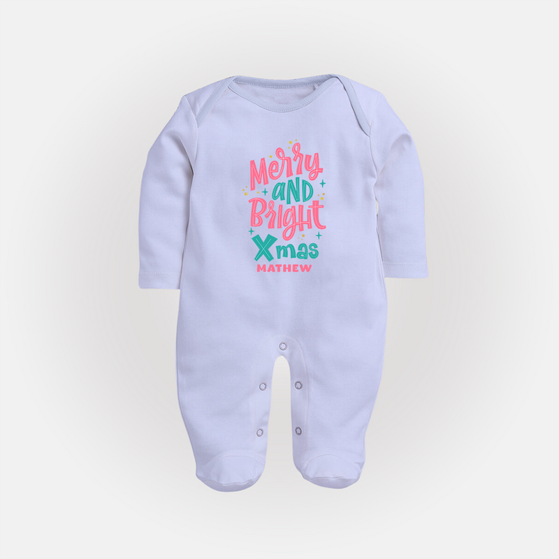 "Merry And Bright Xmas" - Christmas Themed Baby Sleep Suit With Customized name - BABY BLUE - New Born (Chest 7.5")