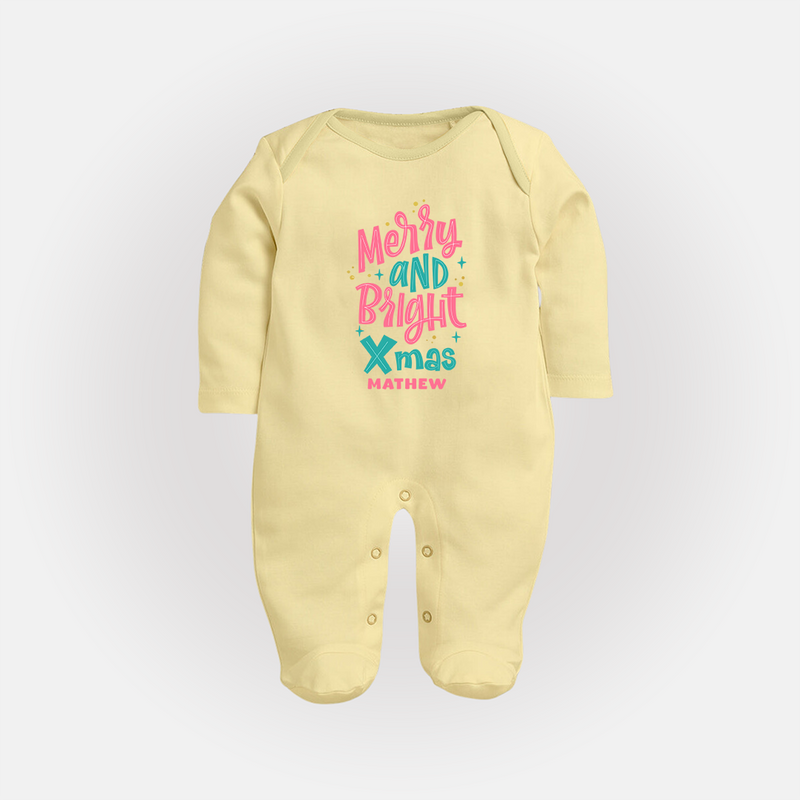 "Merry And Bright Xmas" - Christmas Themed Baby Sleep Suit With Customized name - PASTEL YELLOW - New Born (Chest 7.5")