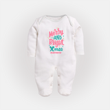 "Merry And Bright Xmas" - Christmas Themed Baby Sleep Suit With Customized name - WHITE - New Born (Chest 7.5")