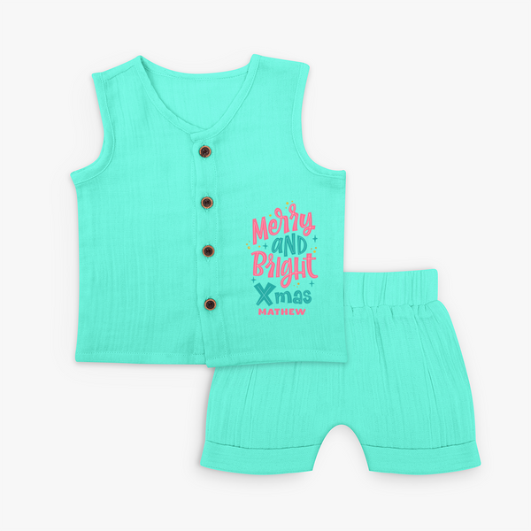 "Merry And Bright Xmas" - Christmas Themed Kids Jabla Set With Customized name - AQUA GREEN - 0 - 3 Months Old (Chest 9.8")