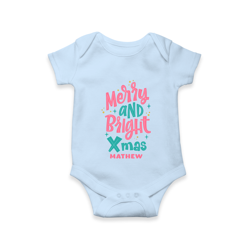 "Merry And Bright Xmas" - Christmas Themed Kids Romper With Customized name - BABY BLUE - 0 - 3 Months Old (Chest 16")