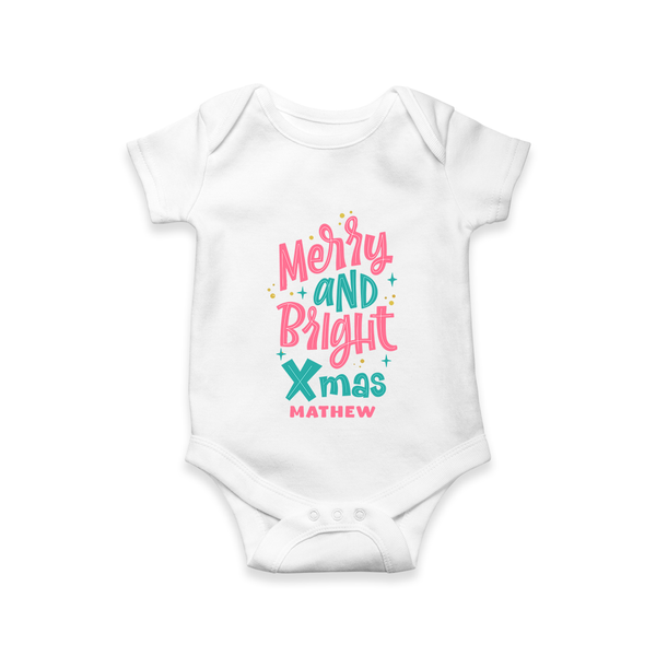 "Merry And Bright Xmas" - Christmas Themed Kids Romper With Customized name - WHITE - 0 - 3 Months Old (Chest 16")