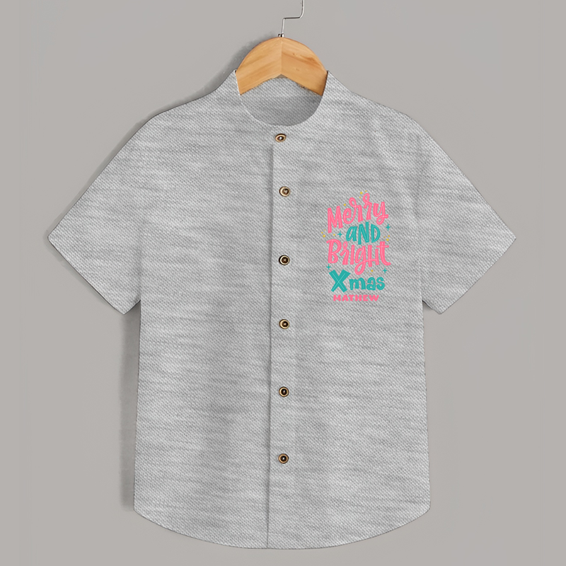 "Merry And Bright Xmas" - Christmas Themed Kids Shirt With Customized name - GREY MELANGE - 0 - 6 Months Old (Chest 23")