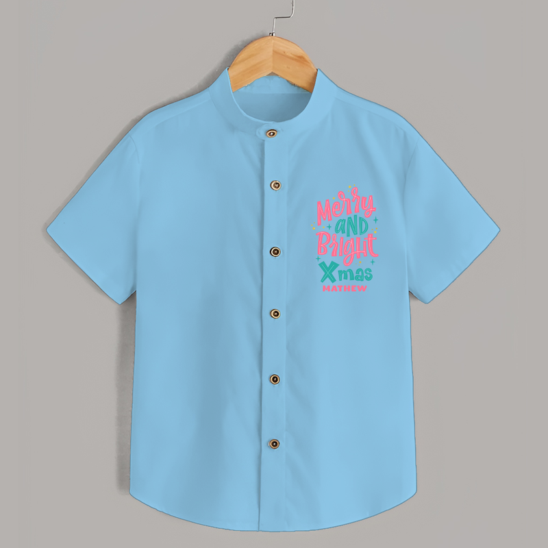 "Merry And Bright Xmas" - Christmas Themed Kids Shirt With Customized name - SKY BLUE - 0 - 6 Months Old (Chest 23")