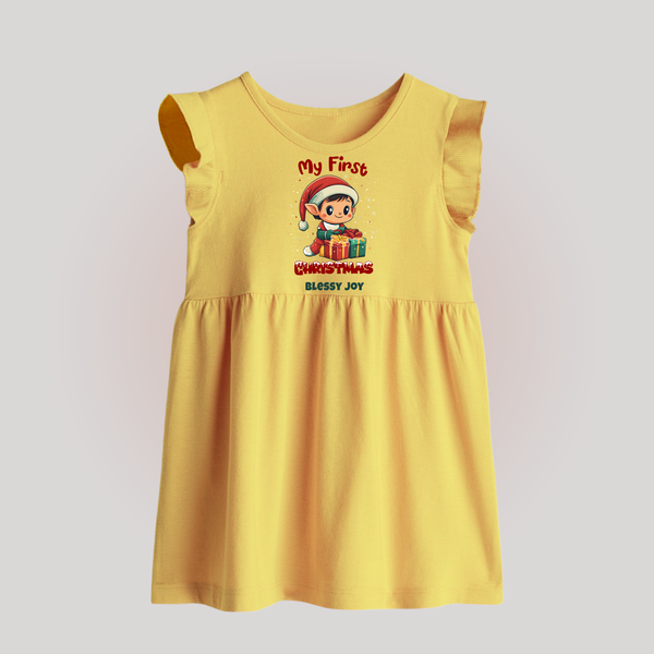 Customized My First Christmas Imprinted Baby Frock With Name For Babies - YELLOW - 0 - 3 Months Old (Chest 17")