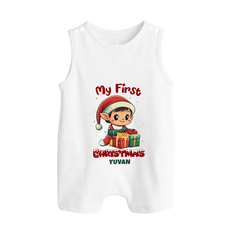 My First Christmas – Elf with Gifts – Personalized   Romper Suit - WHITE - 0 - 5 Months Old (Chest 18")