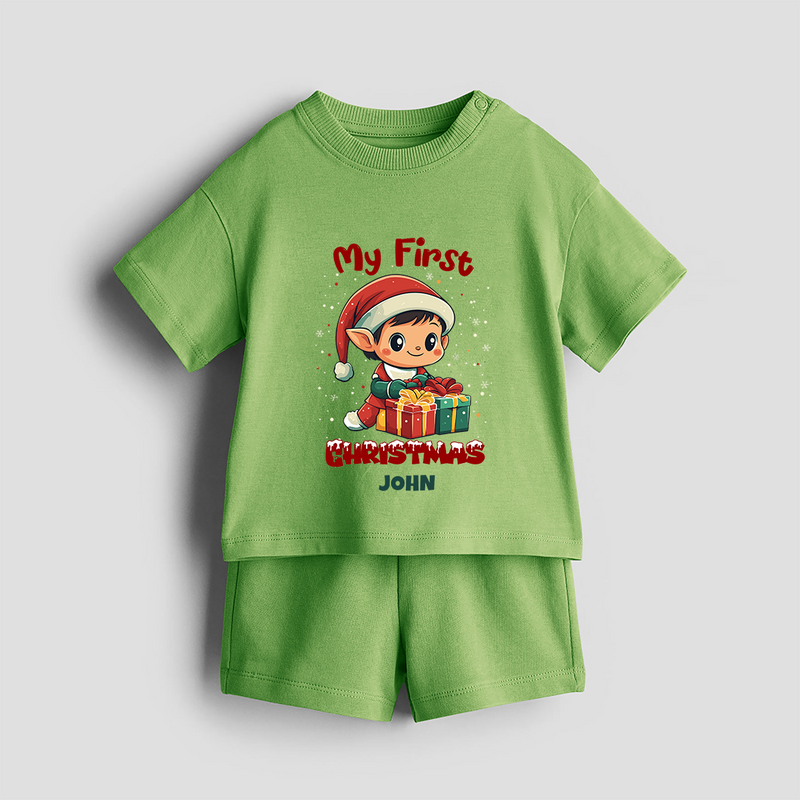 Customized My First Christmas Imprinted Co-ord Set With Name For Kids - KIWI GREEN - 0-5 months old  (Chest 18")