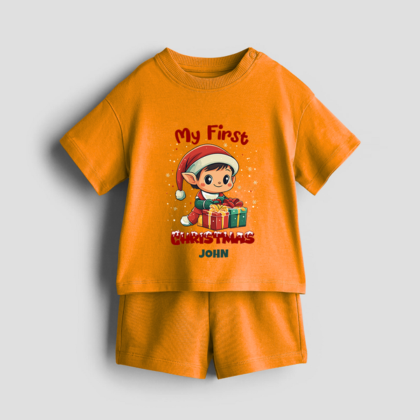 Customized My First Christmas Imprinted Co-ord Set With Name For Kids - TANGERINE - 0-5 months old  (Chest 18")