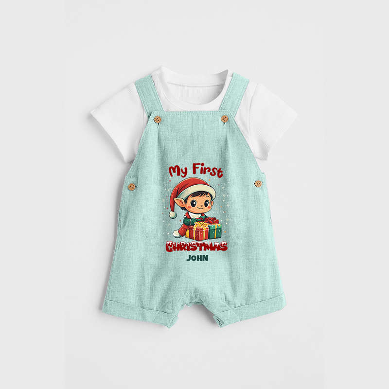 Customized My First Christmas Imprinted Dungaree Set With Name For Babies - ARCTIC BLUE - 0 - 5 Months Old (Chest 18")