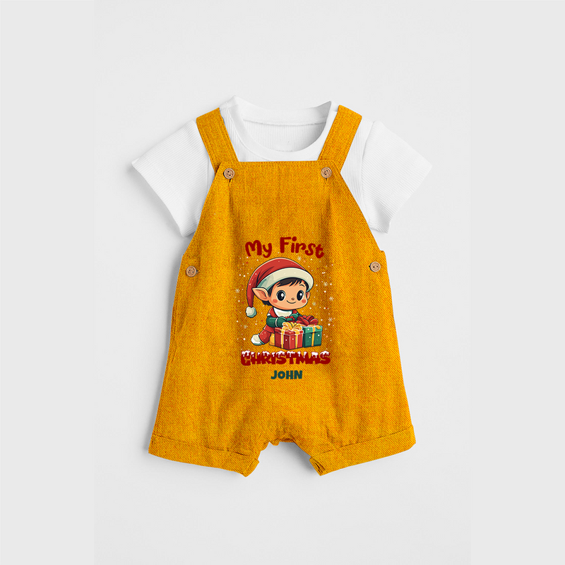 Customized My First Christmas Imprinted Dungaree Set With Name For Babies - CHROME YELLOW - 0 - 5 Months Old (Chest 18")