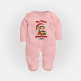 Customized My First Christmas Imprinted Sleep Suit With Name For Babies - BABY PINK - New Born (Chest 7.5")