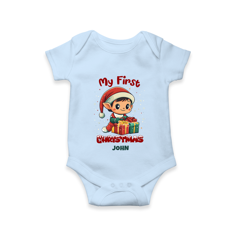 Customized My First Christmas Imprinted Romper With Name For Babies - BABY BLUE - 0 - 3 Months Old (Chest 16")