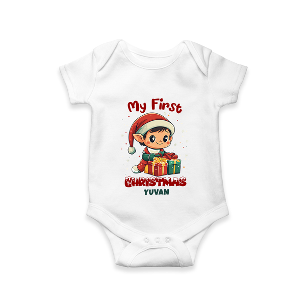 My First Christmas – Elf with Gifts – Personalized Baby Romper - WHITE - New Born (Chest 14")