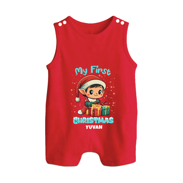 My First Christmas – Elf with Gifts – Personalized   Romper Suit - RED - 0 - 5 Months Old (Chest 18")
