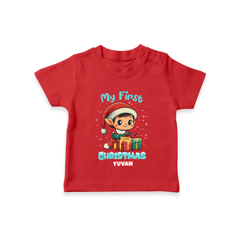 My First Christmas – Elf with Gifts – Personalized   T-Shirt - RED - 0-5 Months Old (Chest 17")