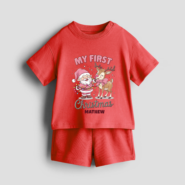 My 1st Christmas - Cute Imprinted Co-ord Set With Name For Kids - RED - 0-5 months old  (Chest 18")