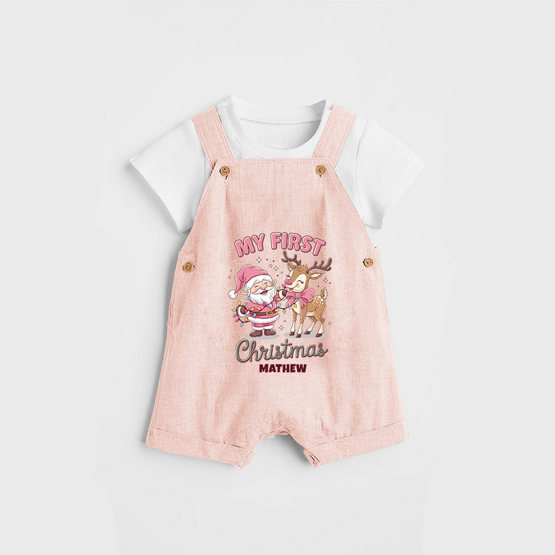 My 1st Christmas - Cute Imprinted Dungaree Set With Name For Babies - PEACH - 0 - 5 Months Old (Chest 18")