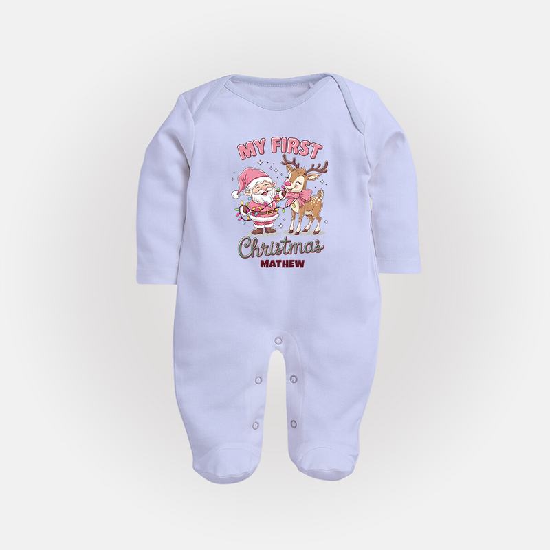 My 1st Christmas - Cute Imprinted Sleep Suit With Name For Babies - BABY BLUE - New Born (Chest 7.5")