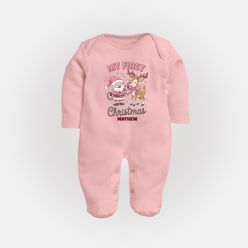 My 1st Christmas - Cute Imprinted Sleep Suit With Name For Babies - BABY PINK - New Born (Chest 7.5")