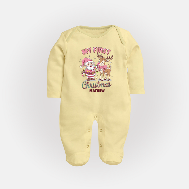 My 1st Christmas - Cute Imprinted Sleep Suit With Name For Babies - PASTEL YELLOW - New Born (Chest 7.5")