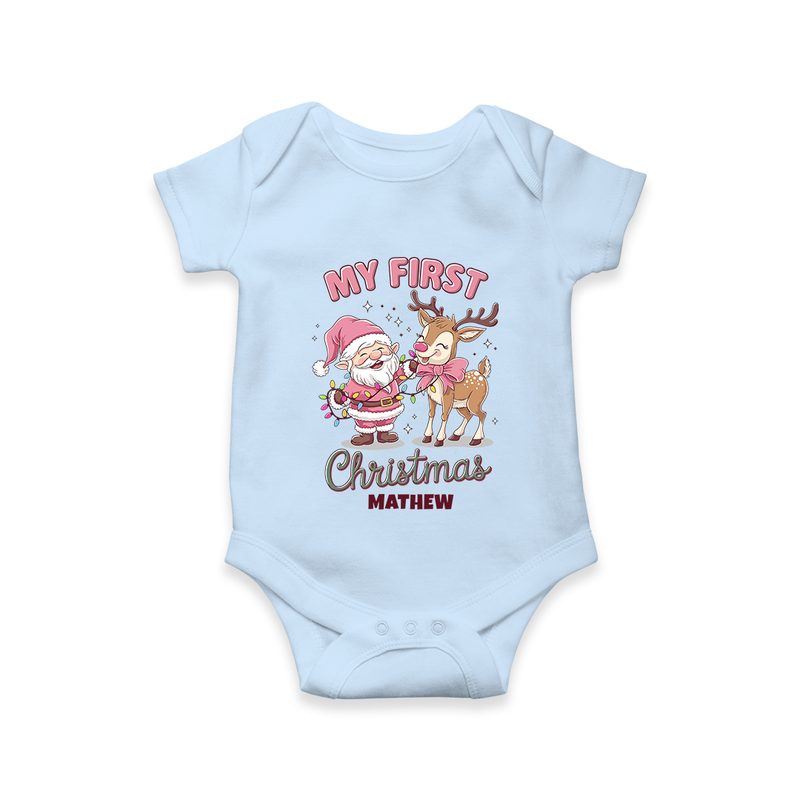 My 1st Christmas - Cute Imprinted Romper With Name For Babies - BABY BLUE - 0 - 3 Months Old (Chest 16")