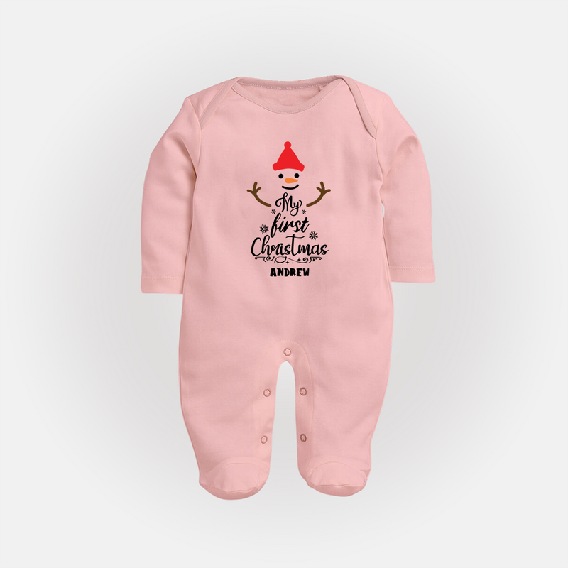 My 1st Christmas - Cute Imprinted Christmas Sleep Suit With Name For Babies - BABY PINK - New Born (Chest 7.5")