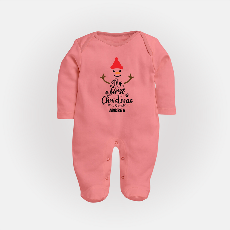 My 1st Christmas - Cute Imprinted Christmas Sleep Suit With Name For Babies - PEACH - New Born (Chest 7.5")