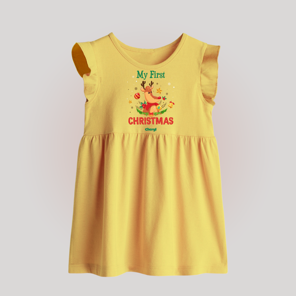 Celebrate This Christmas With Our "My First Christmas" themed Customized Baby Frock With Name For Babies - YELLOW - 0 - 3 Months Old (Chest 17")