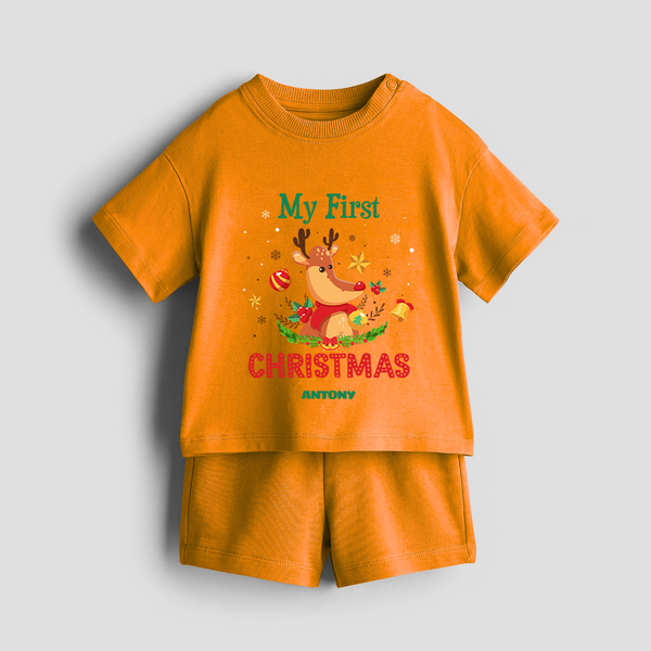 Celebrate This Christmas With Our "My First Christmas" themed Customized Co-ord Set With Name For Kids - TANGERINE - 0-5 months old  (Chest 18")