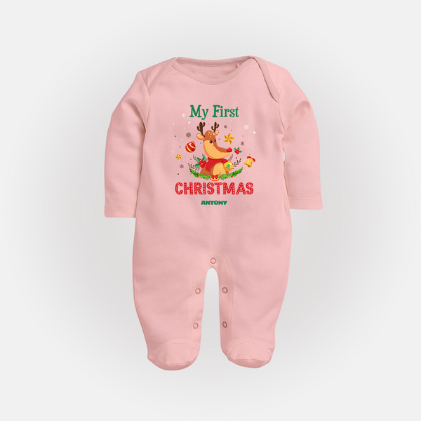 Celebrate This Christmas With Our "My First Christmas" themed Customized Sleep Suit With Name For Babies - BABY PINK - New Born (Chest 7.5")